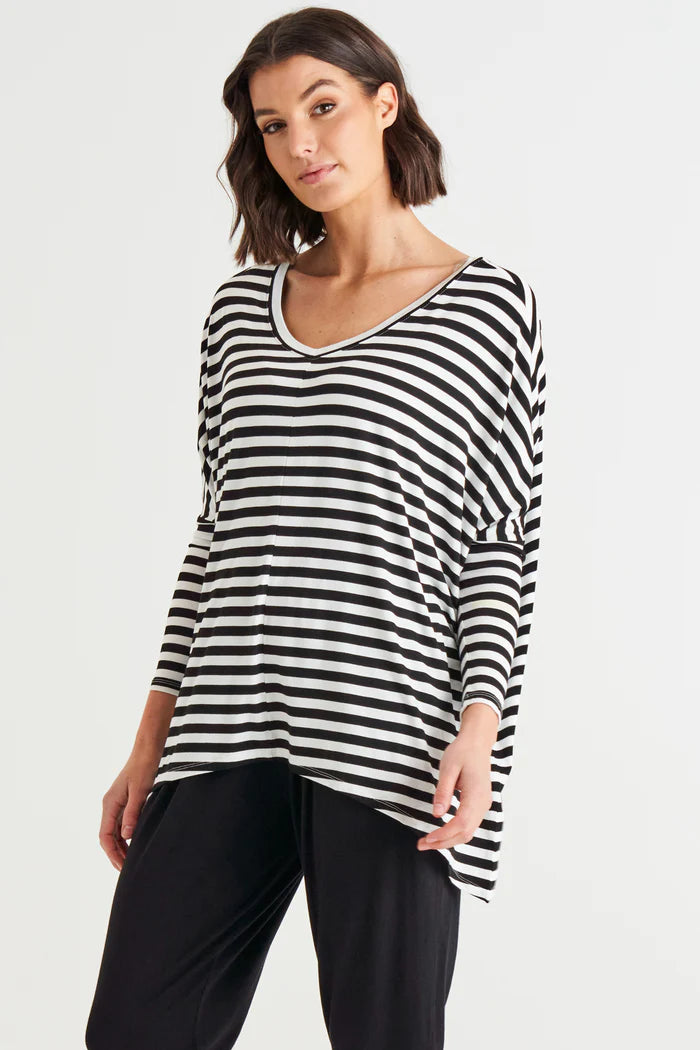 Betty Basics - Kyoto V-Neck Loose Stretchy Basic Tee - Black/White Stripe *** DUE APPROX 15JUL *** Womens Betty Basics