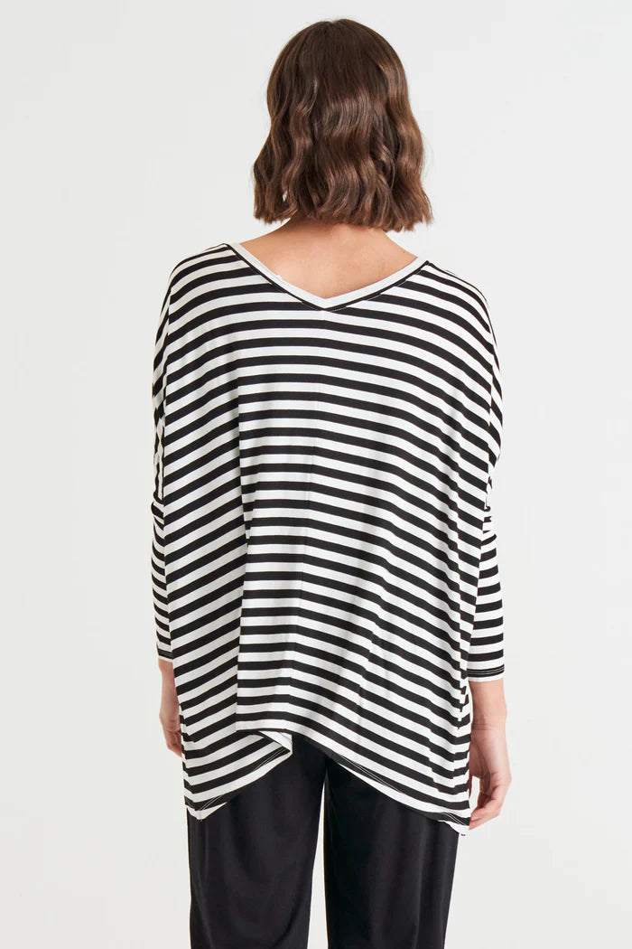 Betty Basics - Kyoto V-Neck Loose Stretchy Basic Tee - Black/White Stripe *** DUE APPROX 15JUL *** Womens Betty Basics