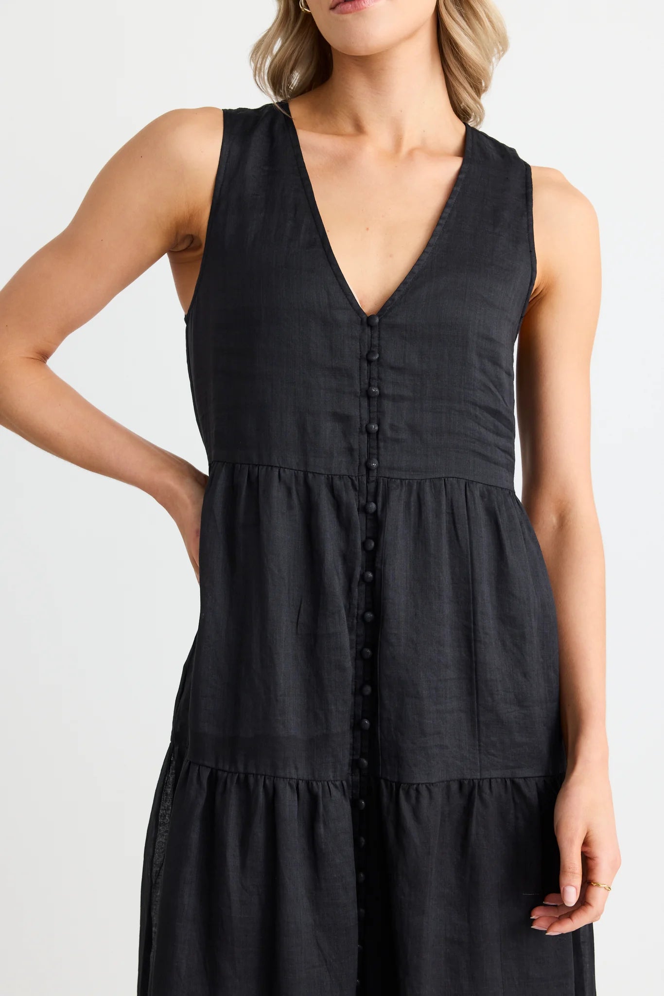 IVY + JACK - Pacific Cotton Voile Sleeveless Button Front Tiered Maxi Dress - Black Womens IVY + JACK