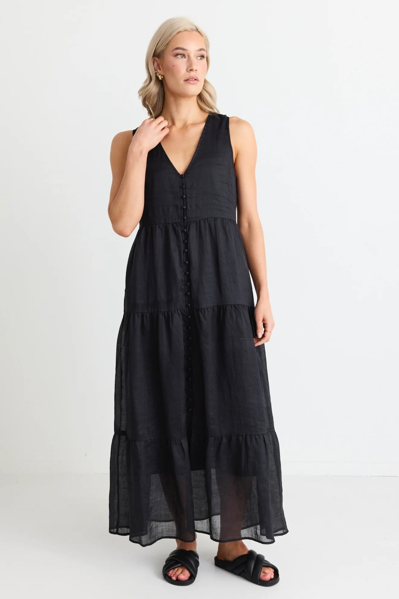 IVY + JACK - Pacific Cotton Voile Sleeveless Button Front Tiered Maxi Dress - Black Womens IVY + JACK