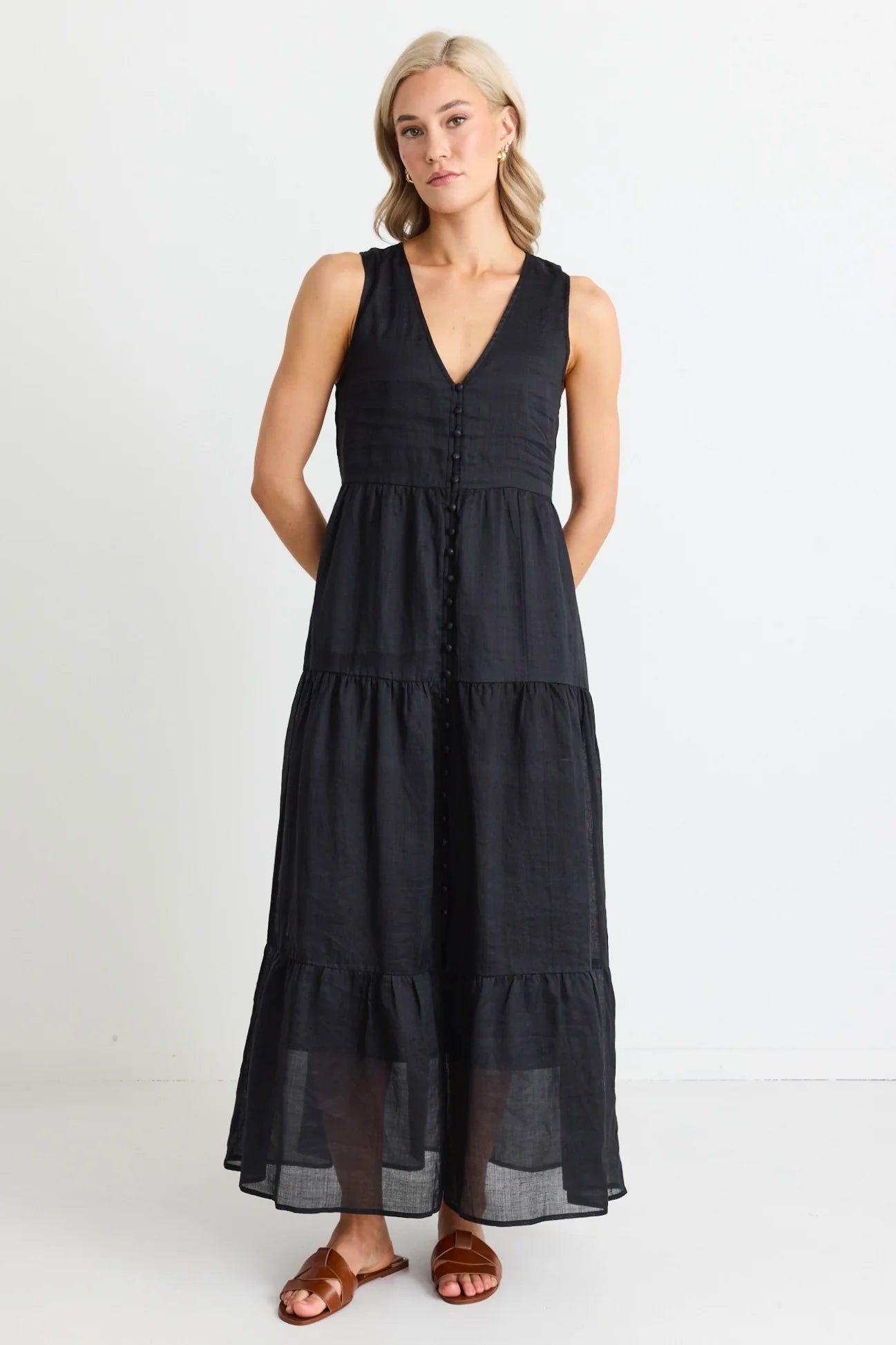 IVY + JACK - Pacific Cotton Voile Sleeveless Button Front Tiered Maxi Dress - Black Womens IVY + JACK