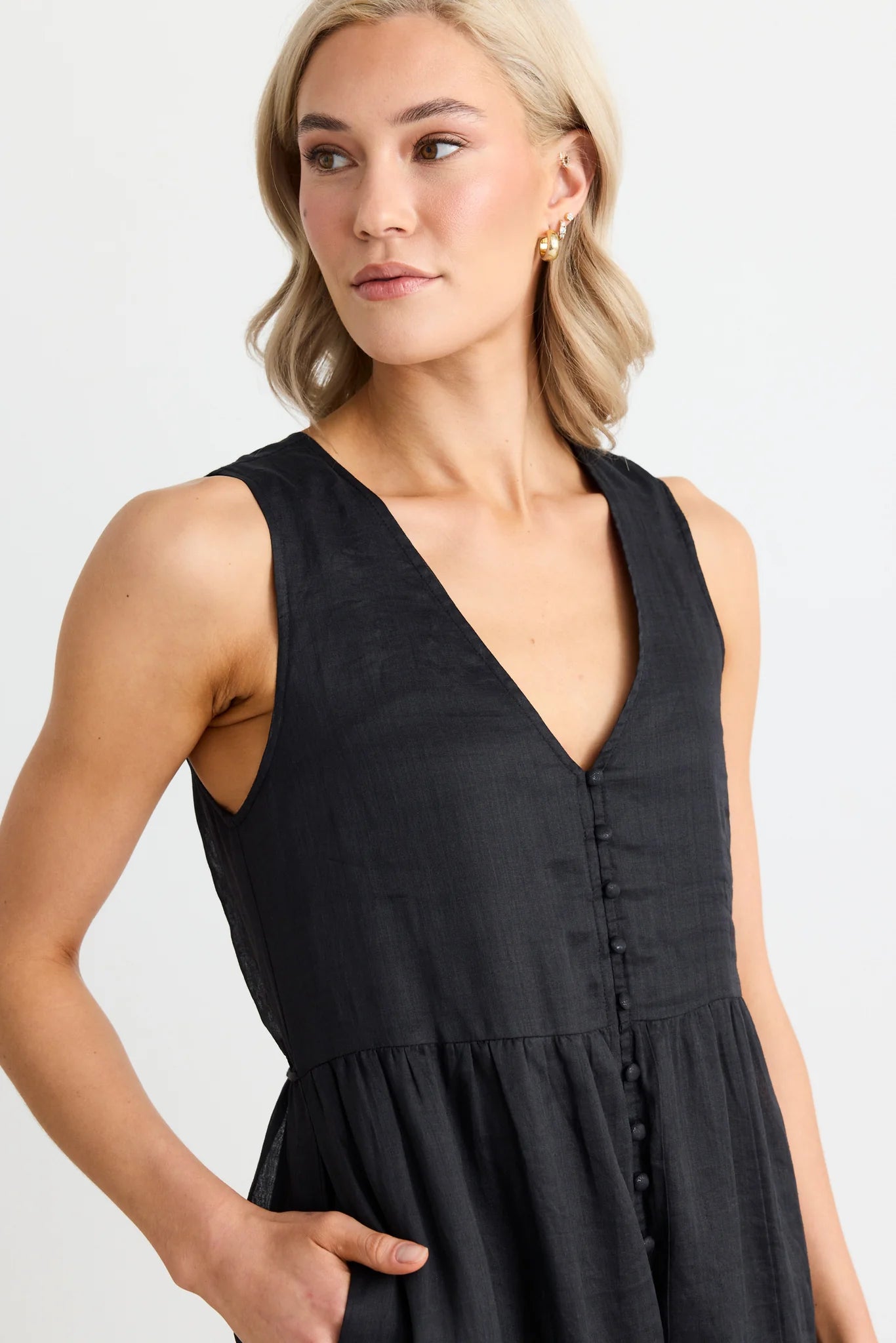 IVY + JACK - Pacific Cotton Voile Sleeveless Button Front Tiered Maxi Dress - Black Womens IVY + JACK