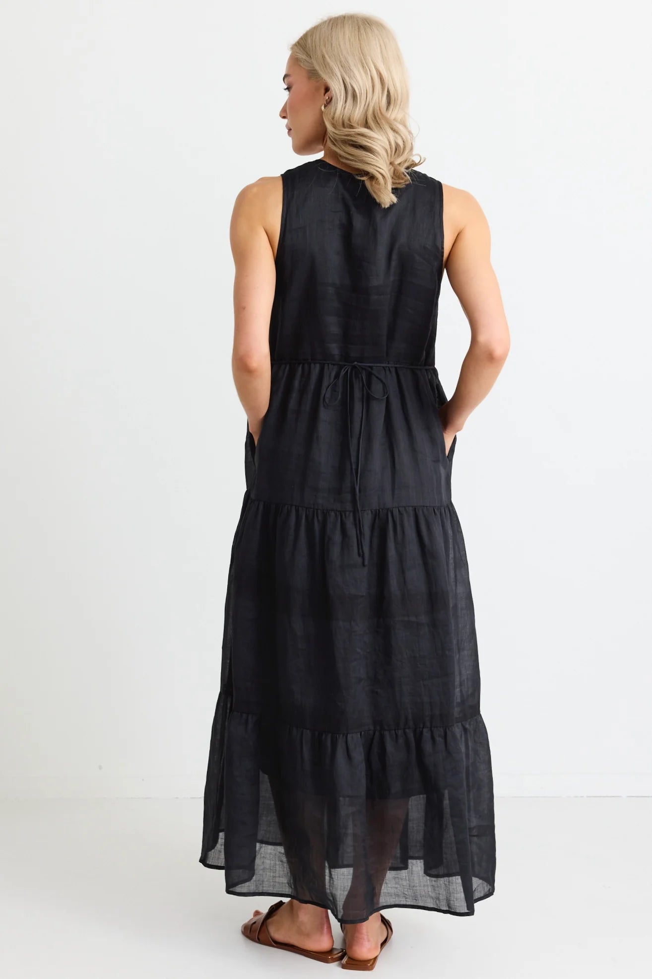 IVY + JACK - Pacific Cotton Voile Sleeveless Button Front Tiered Maxi Dress - Black Womens IVY + JACK