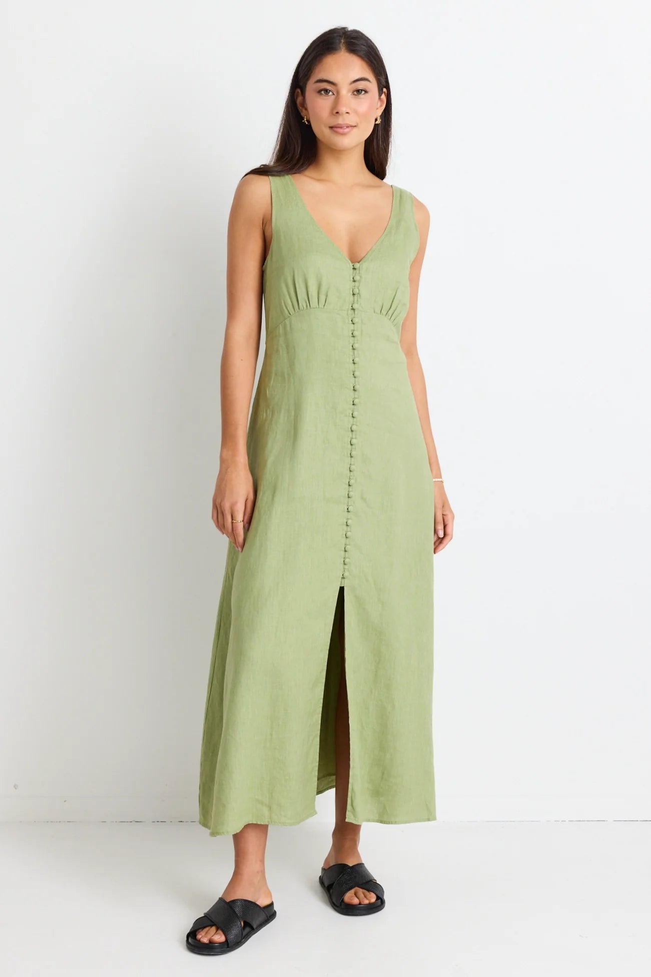 AMONG THE BRAVE - Panama Sleeveless Button Front Midi Dress - Moss Womens AMONG THE BRAVE