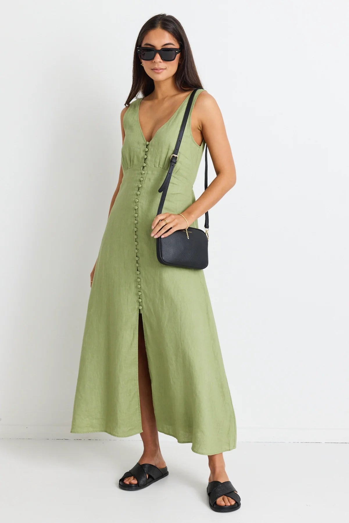 AMONG THE BRAVE - Panama Sleeveless Button Front Midi Dress - Moss Womens AMONG THE BRAVE