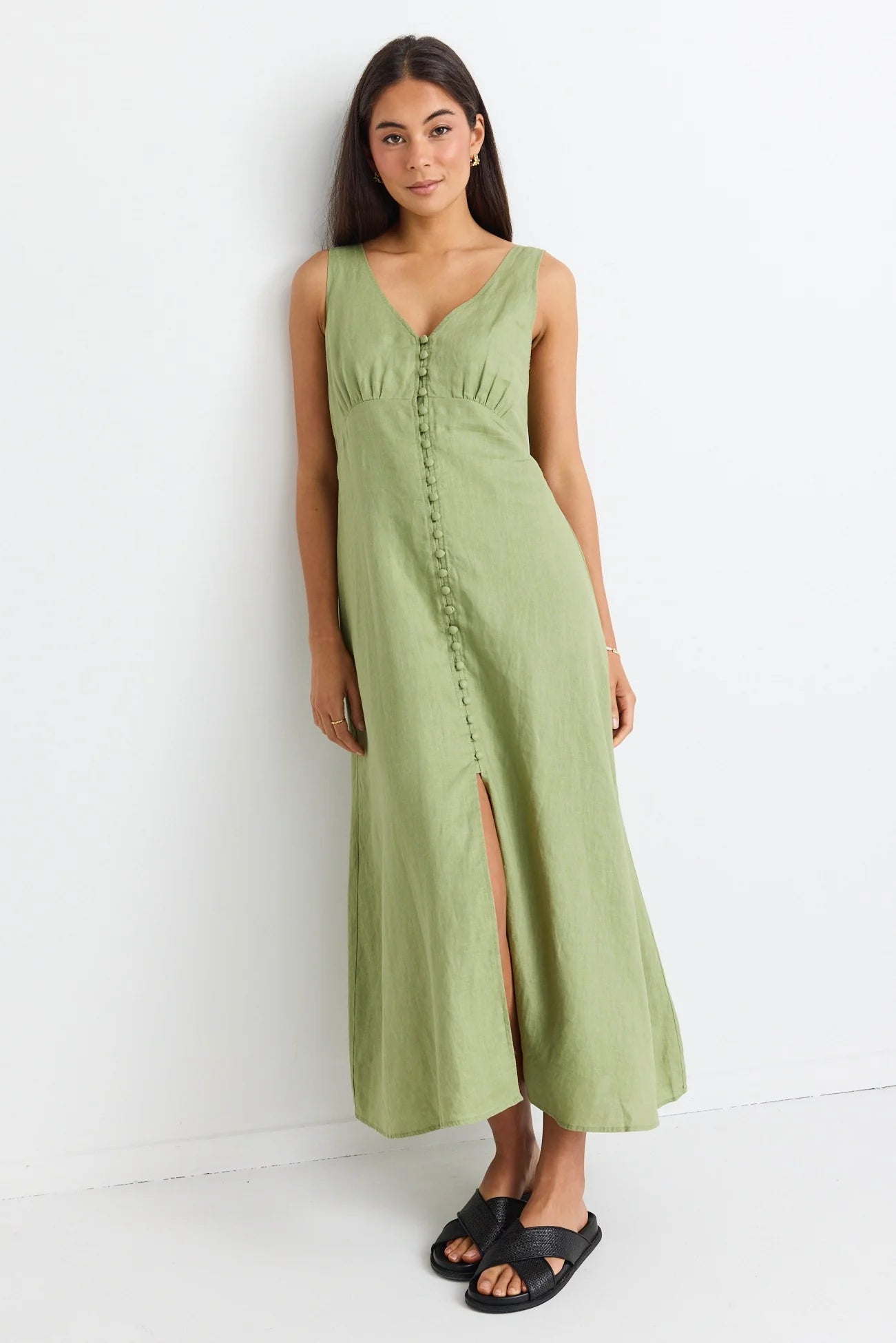 AMONG THE BRAVE - Panama Sleeveless Button Front Midi Dress - Moss Womens AMONG THE BRAVE