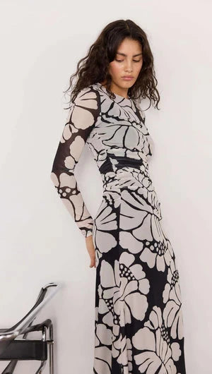 MINK PINK - Persephone Mesh Maxi Dress - Black & White Floral Womens MINK PINK