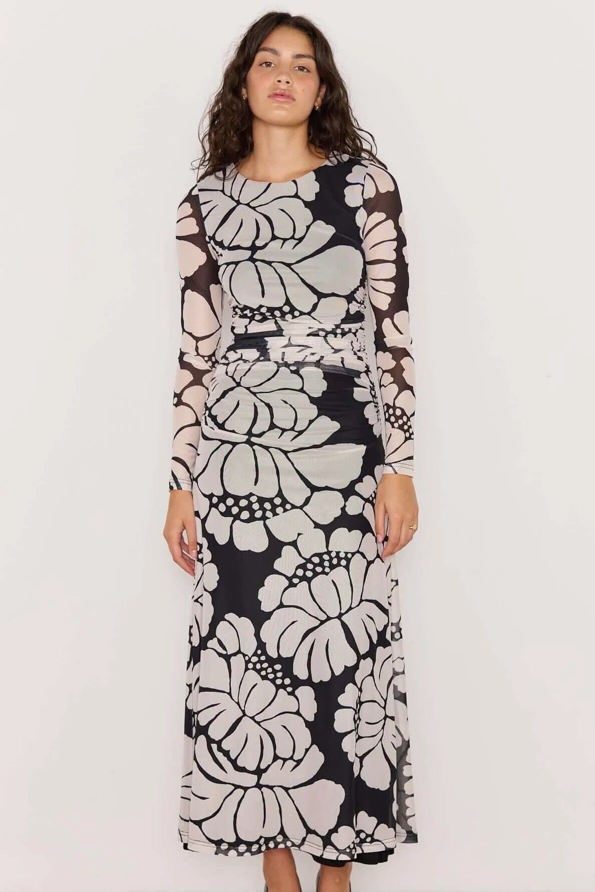 MINK PINK - Persephone Mesh Maxi Dress - Black & White Floral Womens MINK PINK