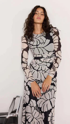 MINK PINK - Persephone Mesh Maxi Dress - Black & White Floral Womens MINK PINK