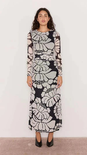 MINK PINK - Persephone Mesh Maxi Dress - Black & White Floral Womens MINK PINK