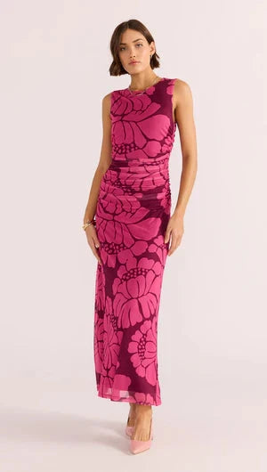 MINK PINK - Persephone Mesh Midi Dress - Berry Floral Womens MINK PINK