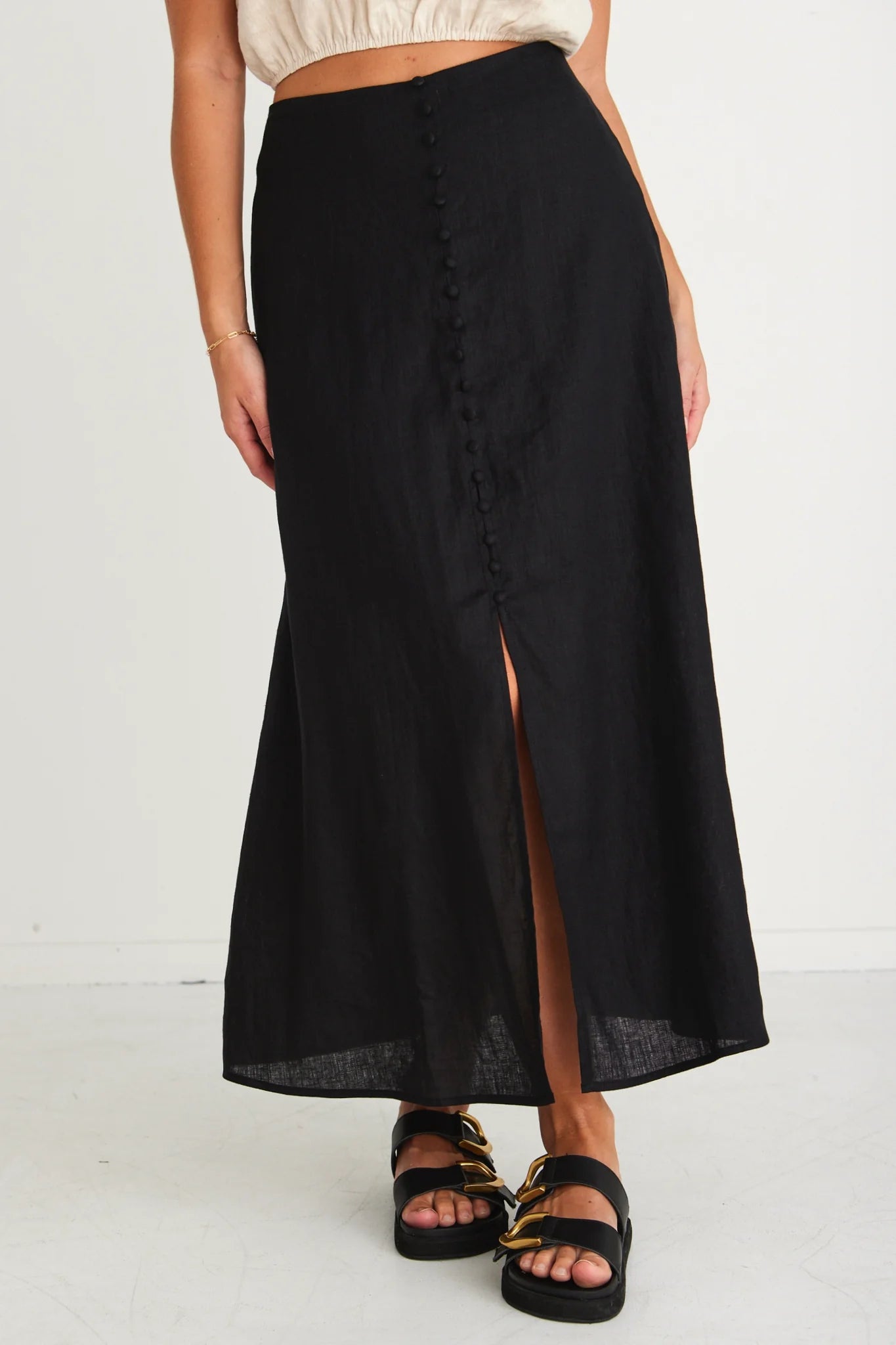 AMONG THE BRAVE - Mercy Linen Button Front Aline Skirt - Black Womens AMONG THE BRAVE