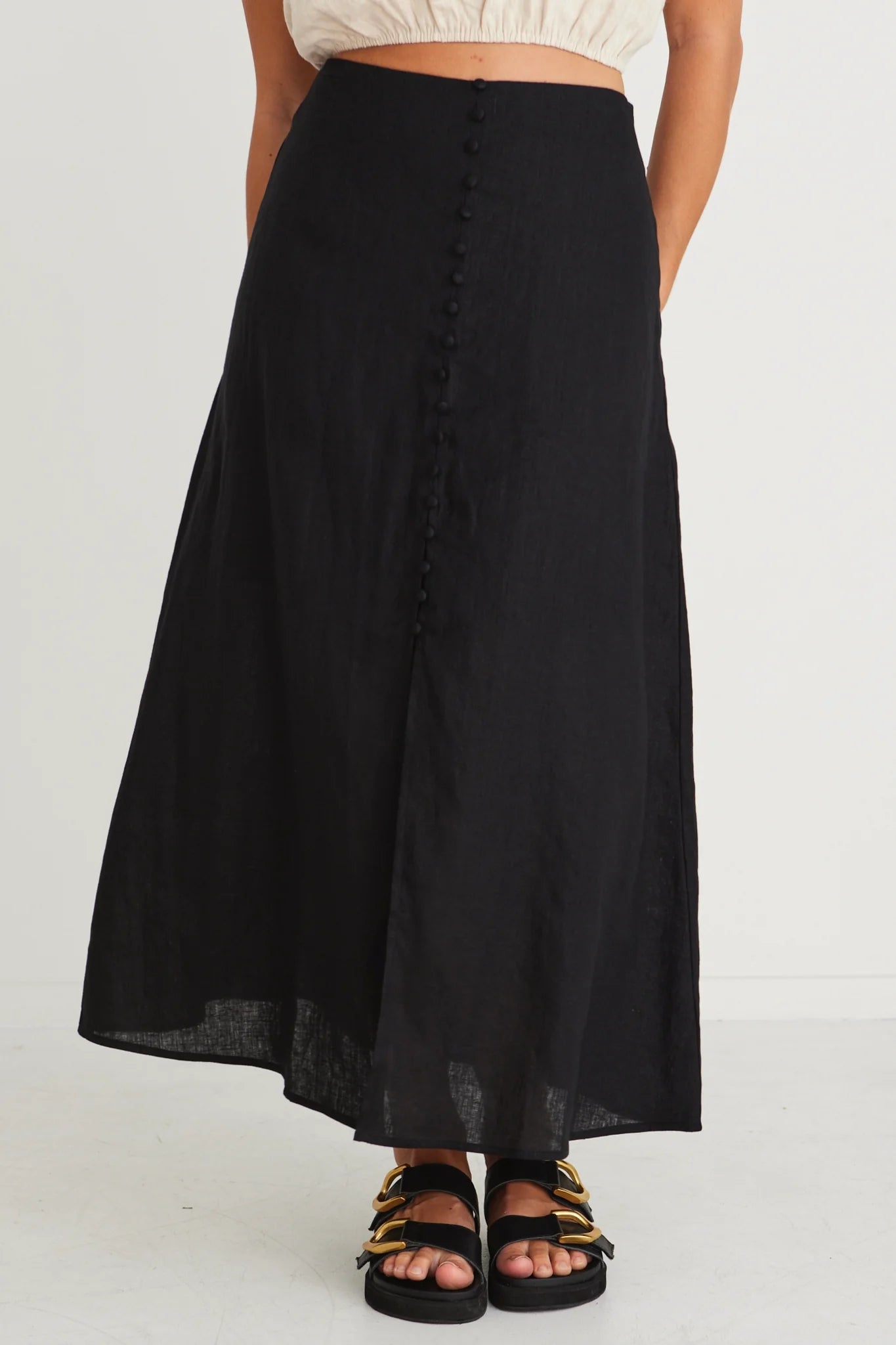 AMONG THE BRAVE - Mercy Linen Button Front Aline Skirt - Black Womens AMONG THE BRAVE