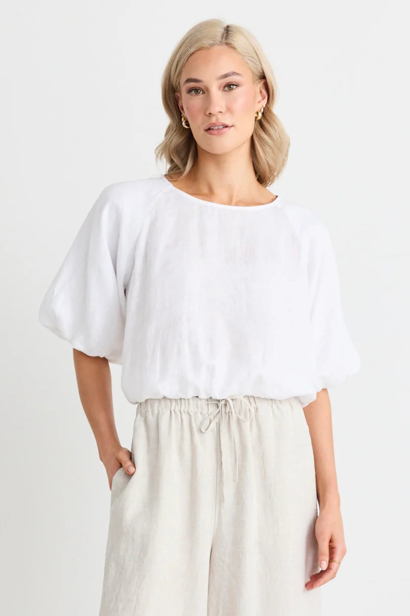 RE:UNION - Matty Linen Bubble Short Sleeve Top - White Womens RE:UNION