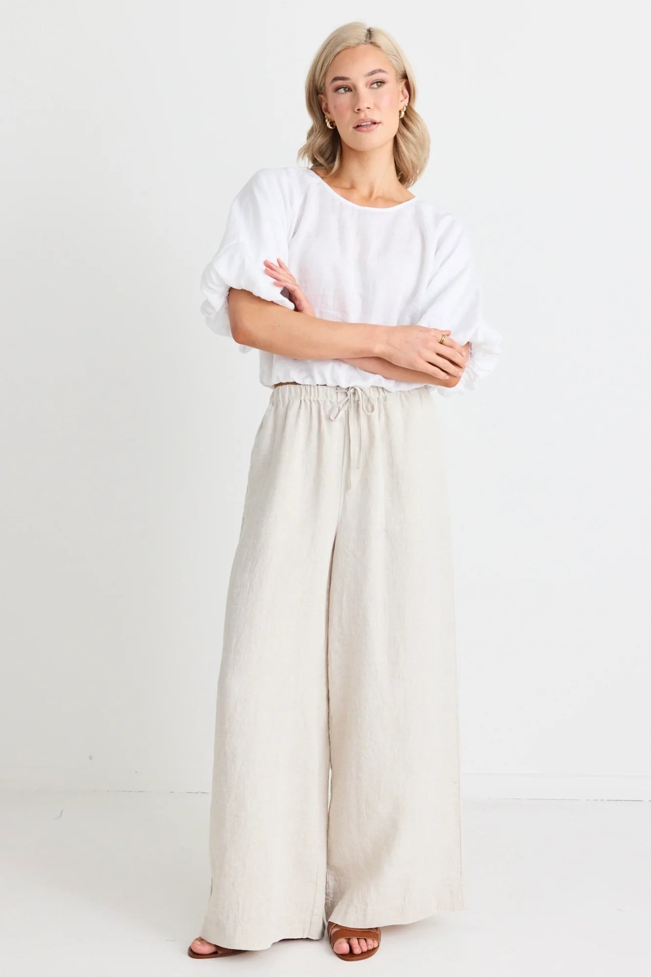 RE:UNION - Matty Linen Bubble Short Sleeve Top - White Womens RE:UNION