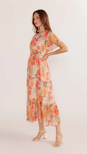 MINK PINK - Aida Flutter Sleeve Midi Dress - Apricot Floral *** COMING SOON *** Womens MINK PINK