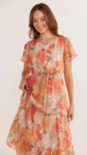 MINK PINK - Aida Flutter Sleeve Midi Dress - Apricot Floral *** COMING SOON *** Womens MINK PINK