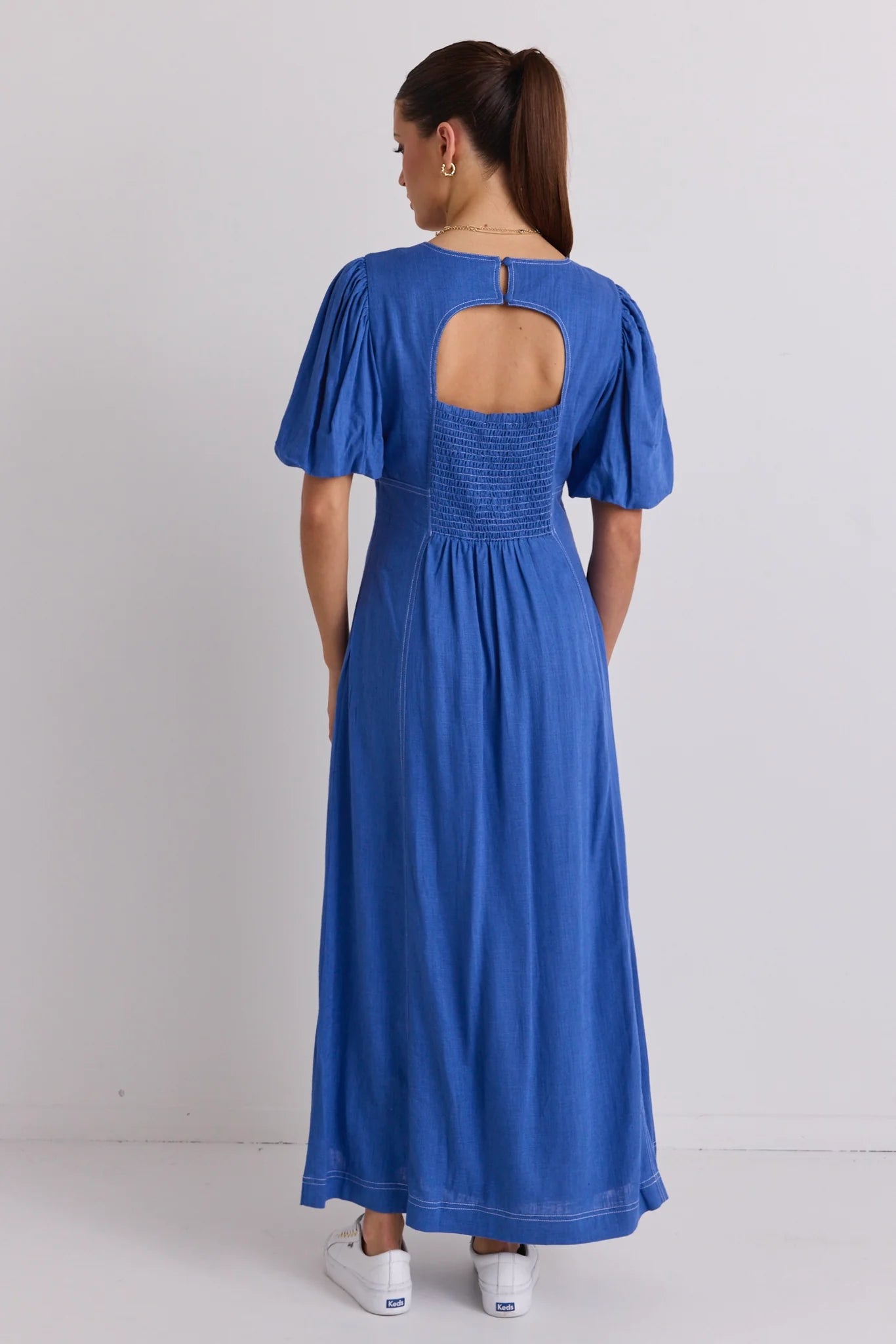 Stories Be Told - State Linen Blend SS Midi Dress - Lake Blue Womens Stories Be Told