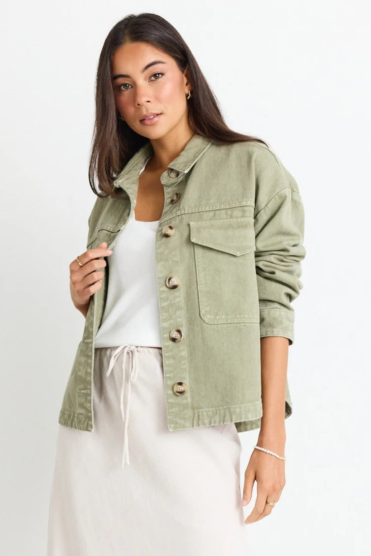 AMONG THE BRAVE - Echo Patch Pocket Denim Jacket - Khaki Womens AMONG THE BRAVE