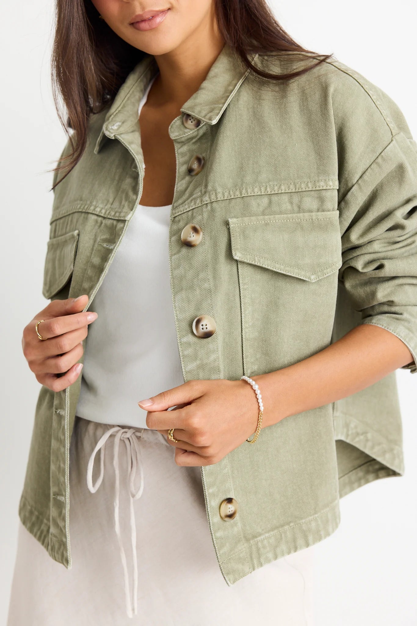 AMONG THE BRAVE - Echo Patch Pocket Denim Jacket - Khaki Womens AMONG THE BRAVE