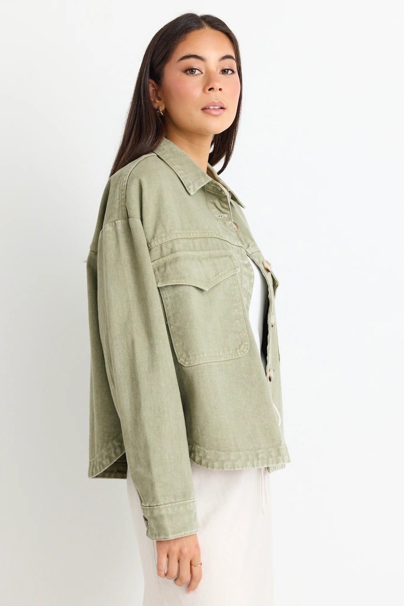 AMONG THE BRAVE - Echo Patch Pocket Denim Jacket - Khaki Womens AMONG THE BRAVE