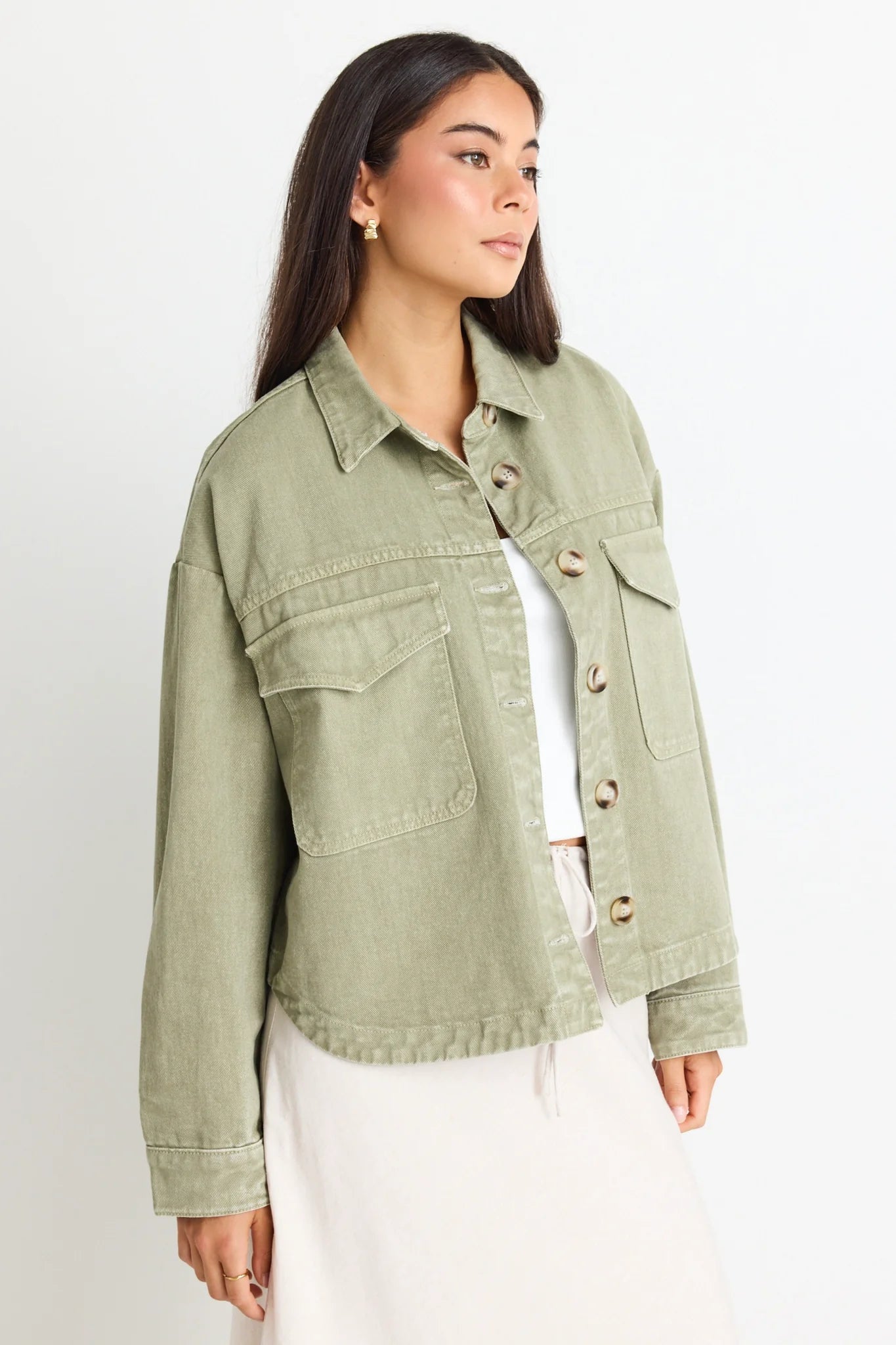 AMONG THE BRAVE - Echo Patch Pocket Denim Jacket - Khaki Womens AMONG THE BRAVE