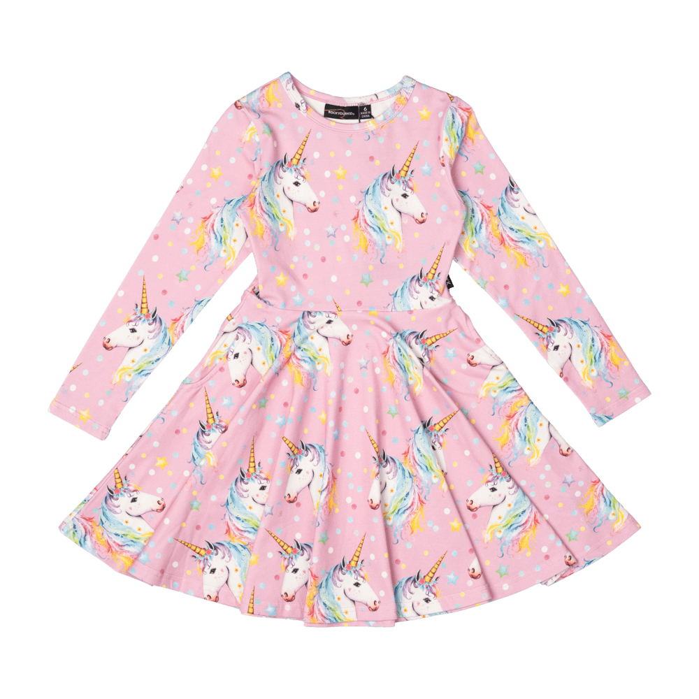 Rock Your Kid - DOTTY UNICORN WAISTED DRESS - Pink *** PRE ORDER / DUE 20APR *** Girls Rock Your Baby