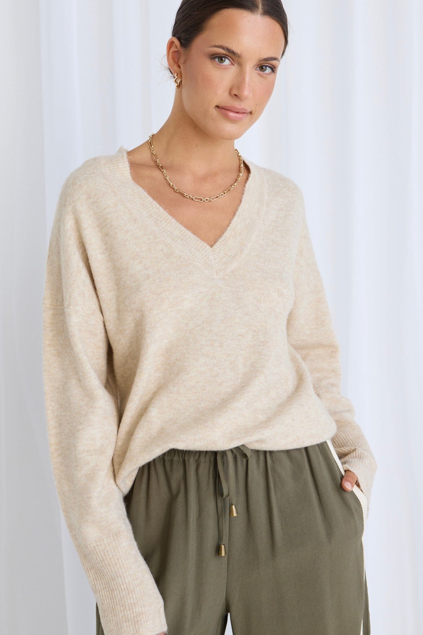 Stories Be Told - Quinn V Neck Fine Knit Jumper - Oat Womens Stories Be Told
