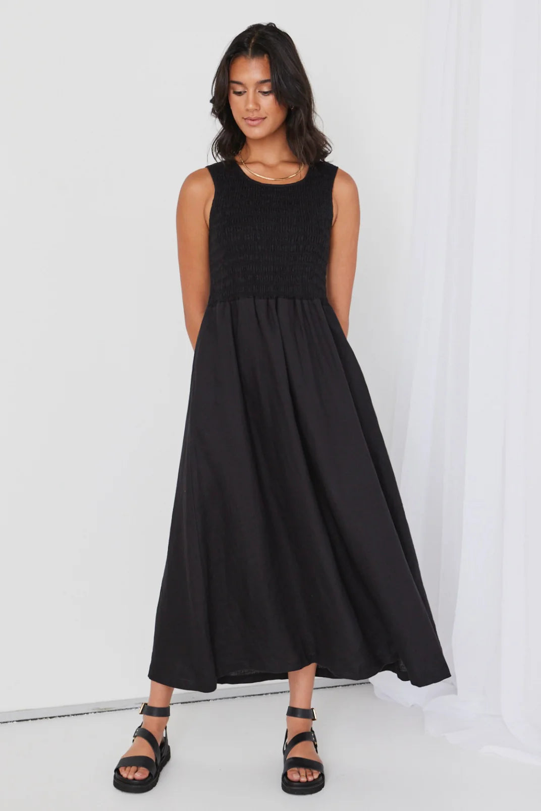 RE:UNION - Bryar Empire Midi Dress -- Black Womens RE:UNION