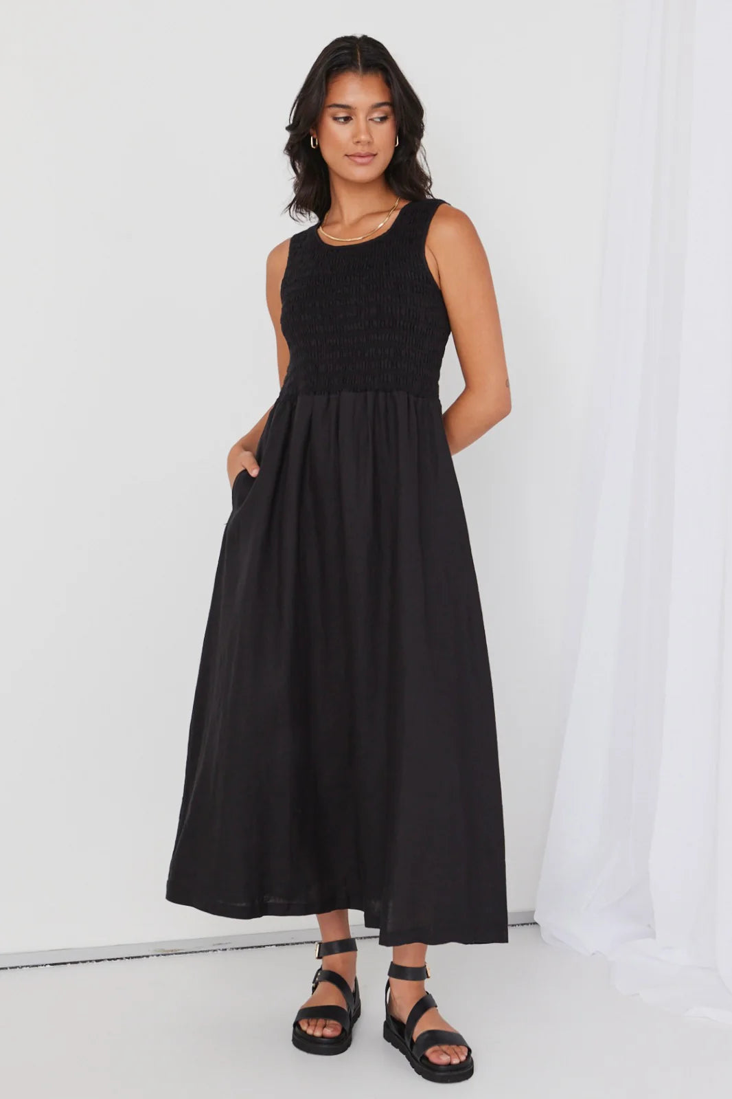 RE:UNION - Bryar Empire Midi Dress -- Black Womens RE:UNION