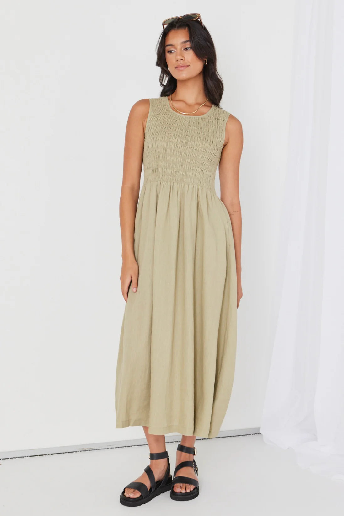 RE:UNION - Bryar Empire Midi Dress - Khaki Womens RE:UNION