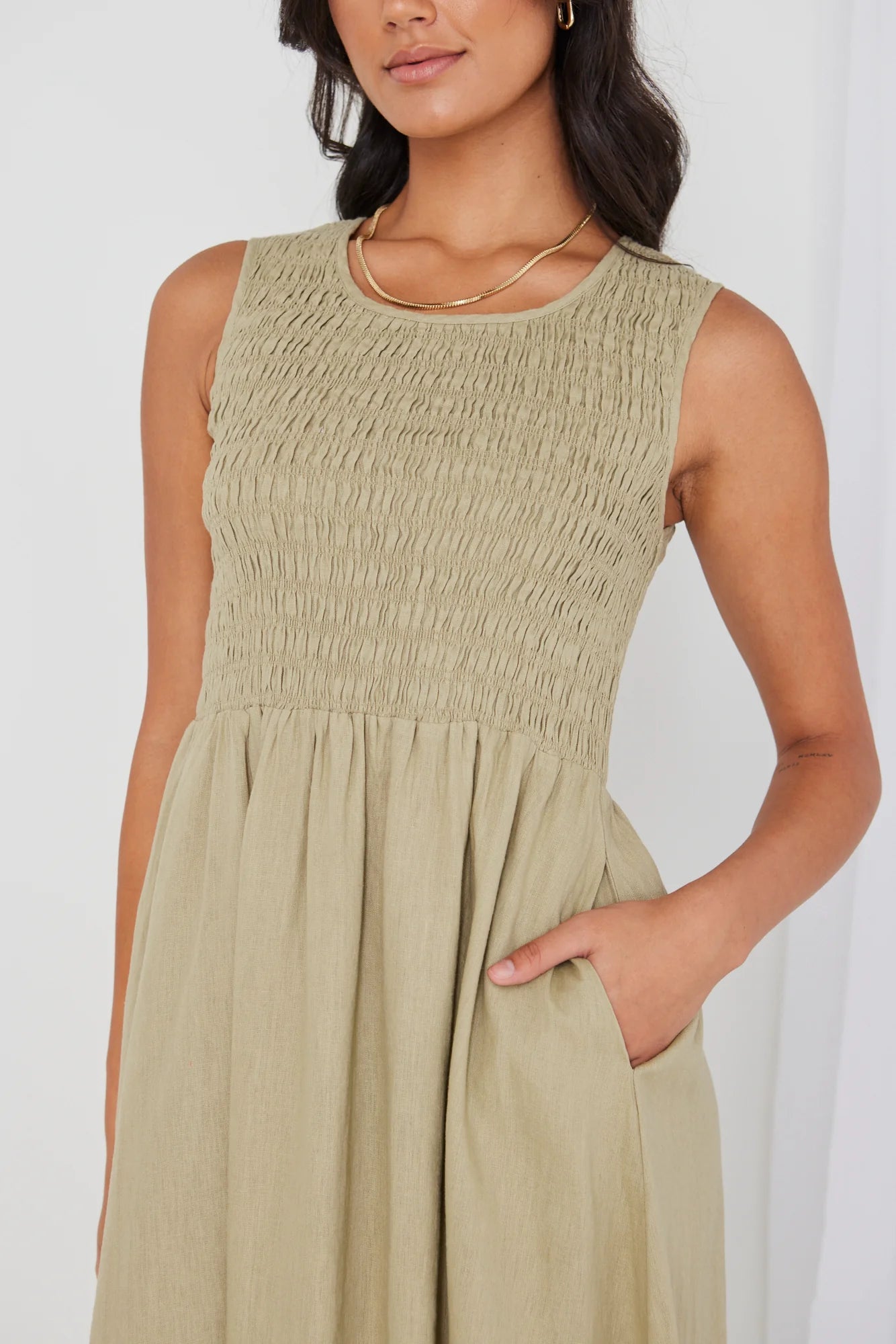 RE:UNION - Bryar Empire Midi Dress - Khaki Womens RE:UNION