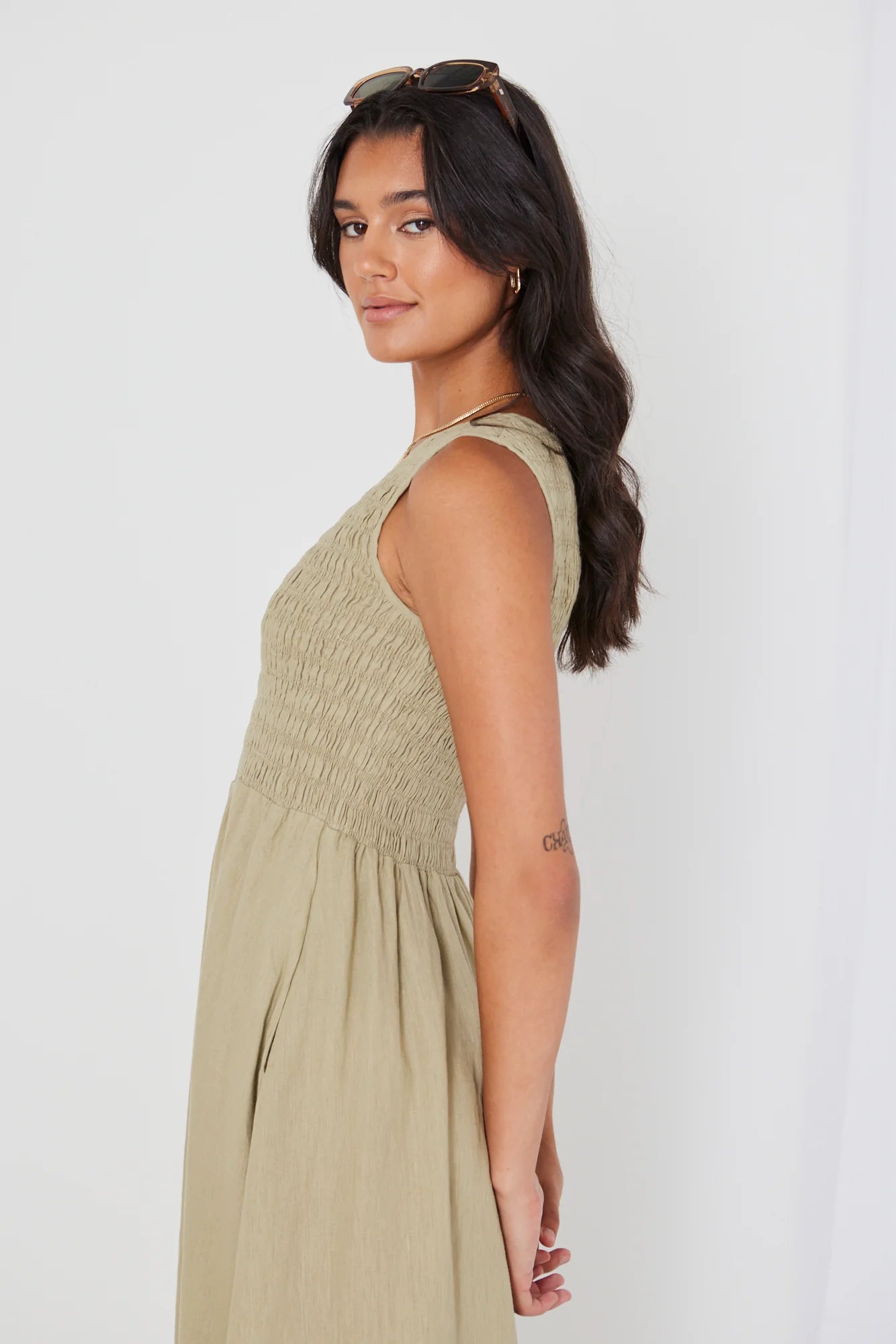 RE:UNION - Bryar Empire Midi Dress - Khaki Womens RE:UNION