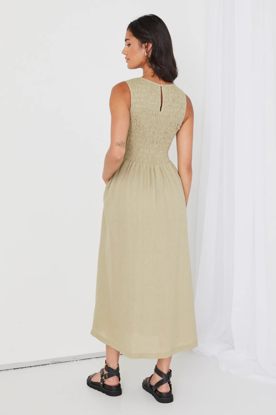 RE:UNION - Bryar Empire Midi Dress - Khaki Womens RE:UNION