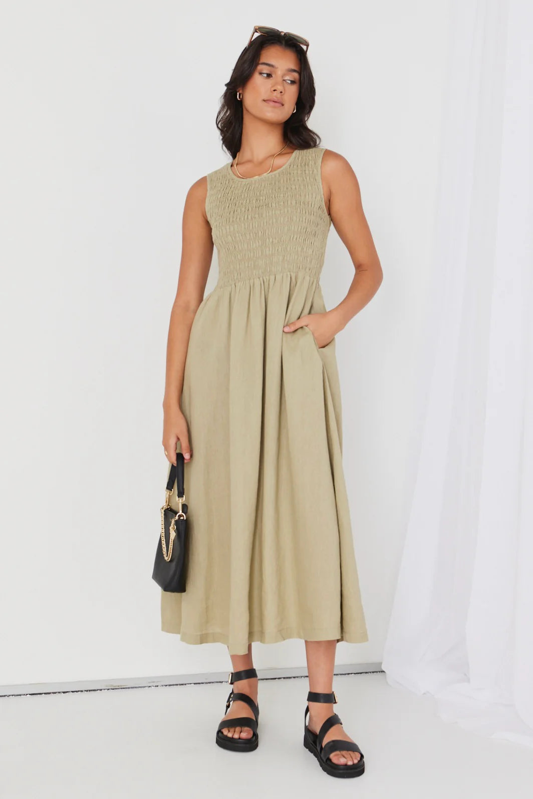 RE:UNION - Bryar Empire Midi Dress - Khaki Womens RE:UNION