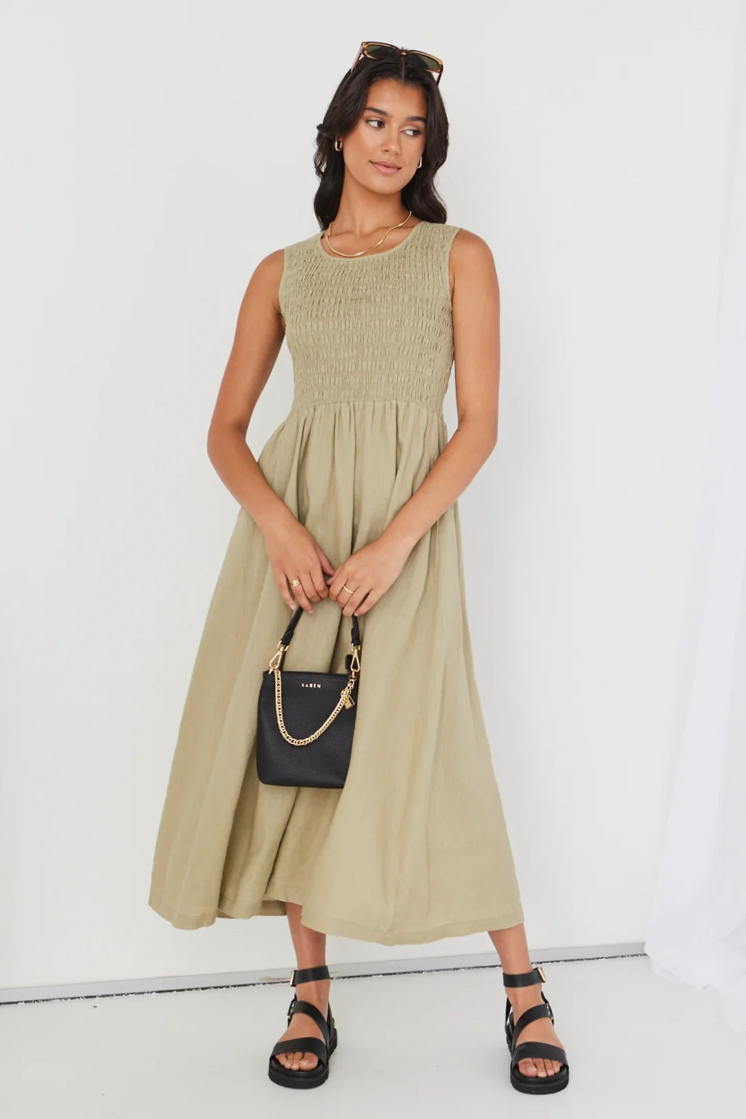 RE:UNION - Bryar Empire Midi Dress - Khaki Womens RE:UNION