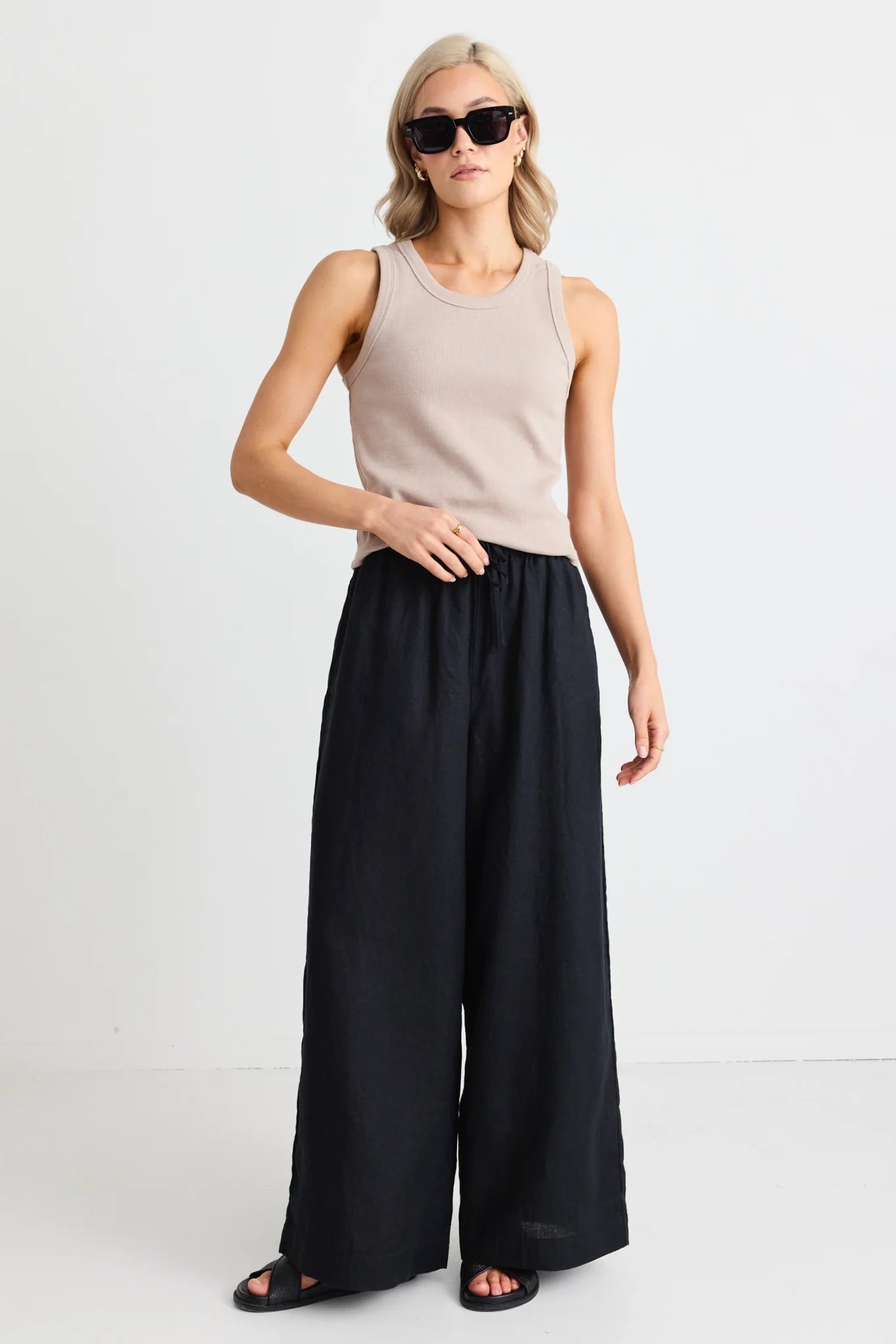 RE:Union - Resort Linen Tie Waist Pull On Wide Pants - Black Womens RE:UNION