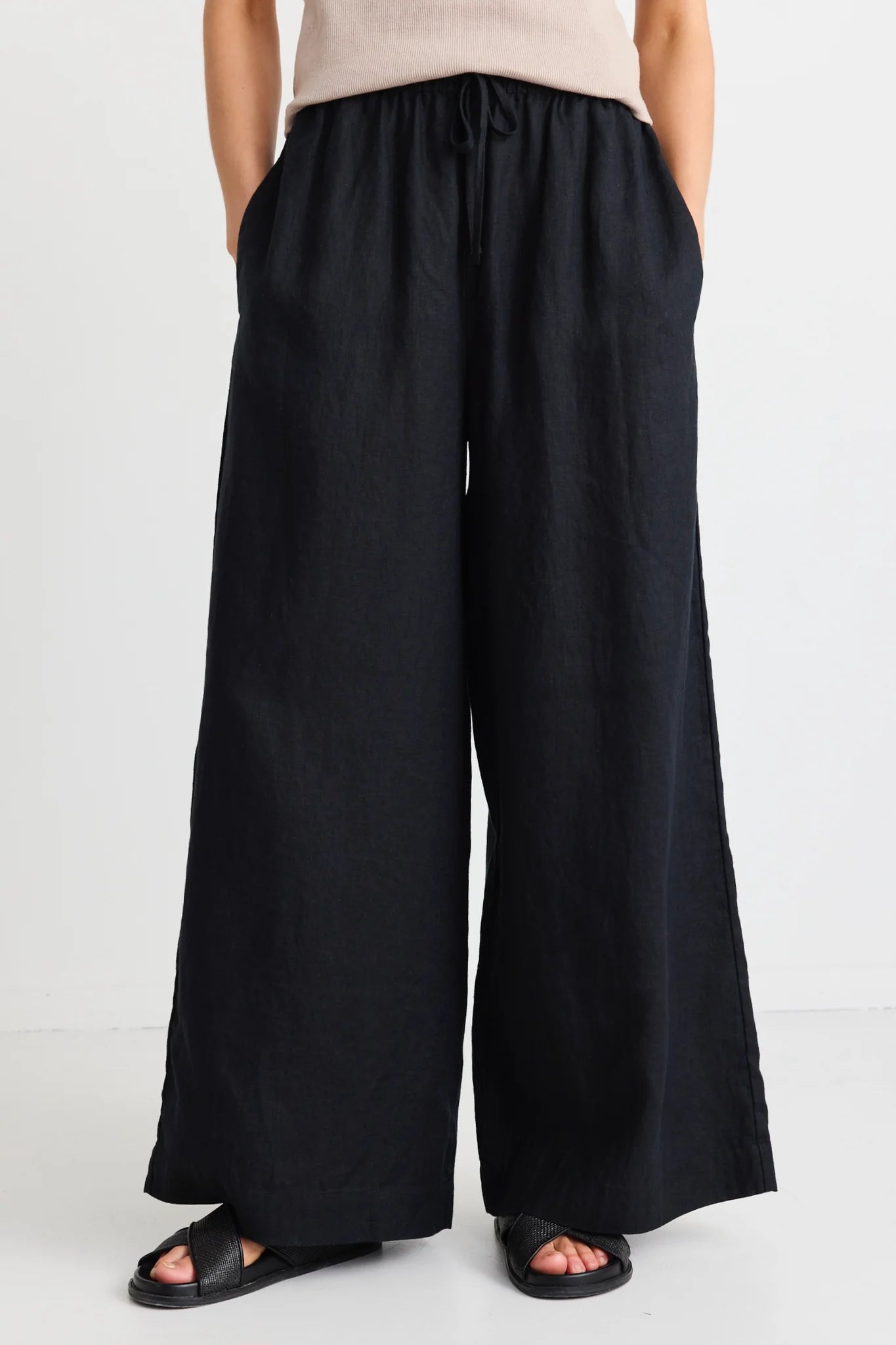 RE:Union - Resort Linen Tie Waist Pull On Wide Pants - Black Womens RE:UNION