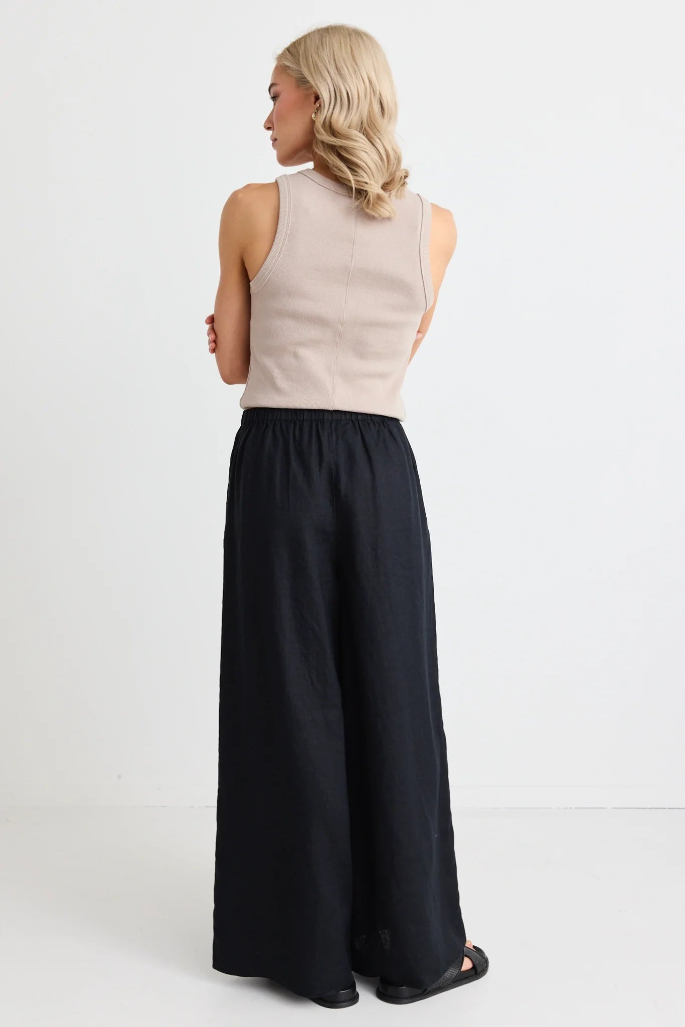 RE:Union - Resort Linen Tie Waist Pull On Wide Pants - Black Womens RE:UNION