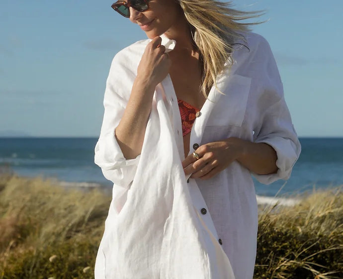 Flock - Linen Shirt Dress - White Womens Flock