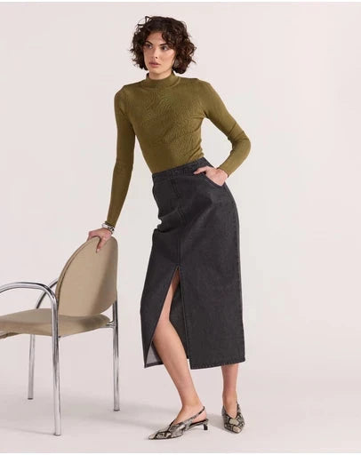 STAPLE THE LABEL - SUTTON DENIM MIDI SKIRT - Dark Grey Womens STAPLE THE LABEL