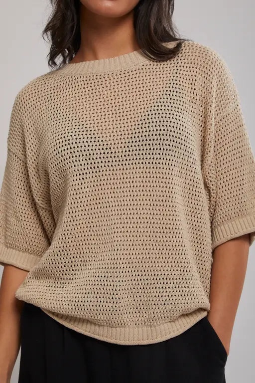 STAPLE THE LABEL - Nora Open Knit Tee - Natural Womens STAPLE THE LABEL