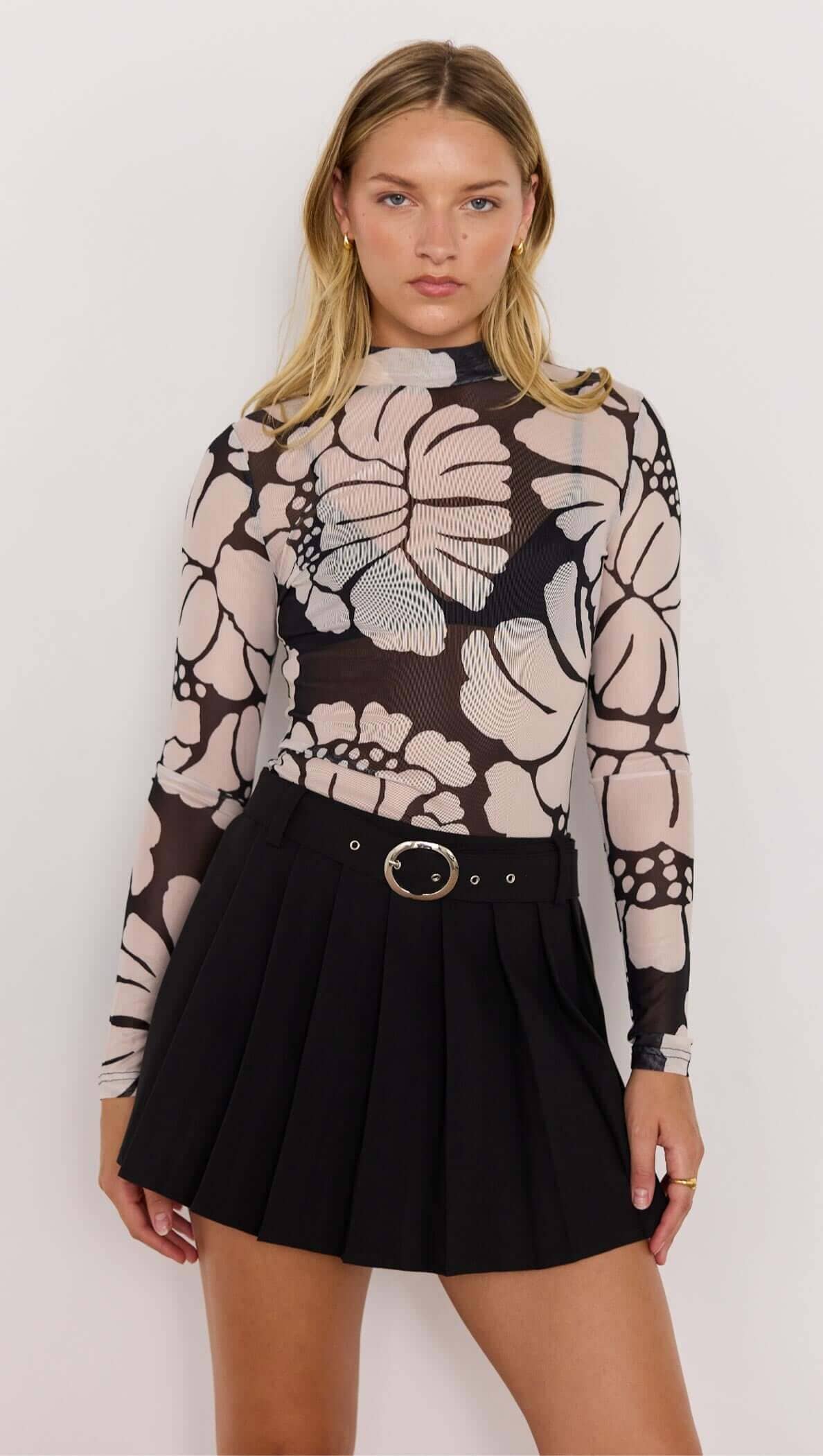 MINK PINK - Persephone Mesh Skivvy Top - Black & White Floral Womens MINK PINK