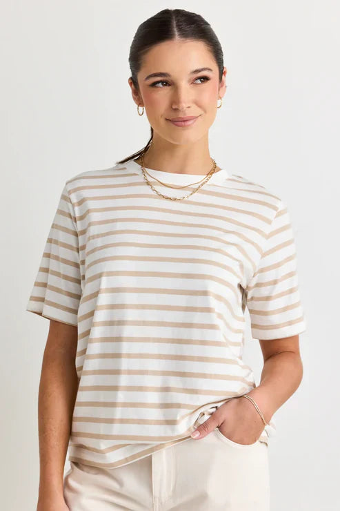 RE:UNION - Binding Boxy Fit Tee - White/Natural Stripe Womens RE:UNION