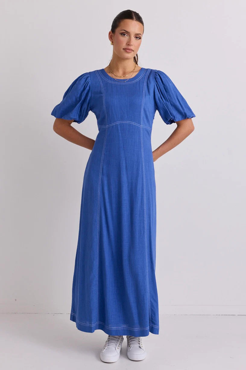 Stories Be Told - State Linen Blend SS Midi Dress - Lake Blue Womens Stories Be Told