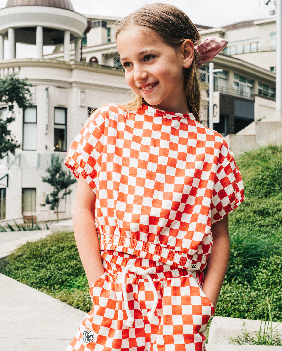 The Girl Club - Checker Elastic Waist Crop Top - Cream / Orange