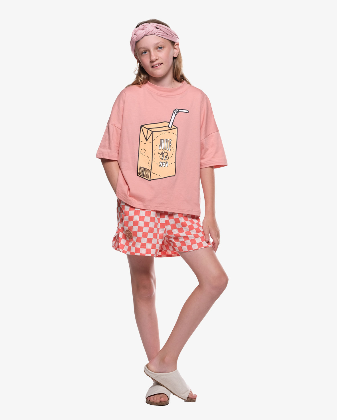 The Girl Club - Checker Muslin Simple Shorts - Cream / Orange Girls The Girl Club