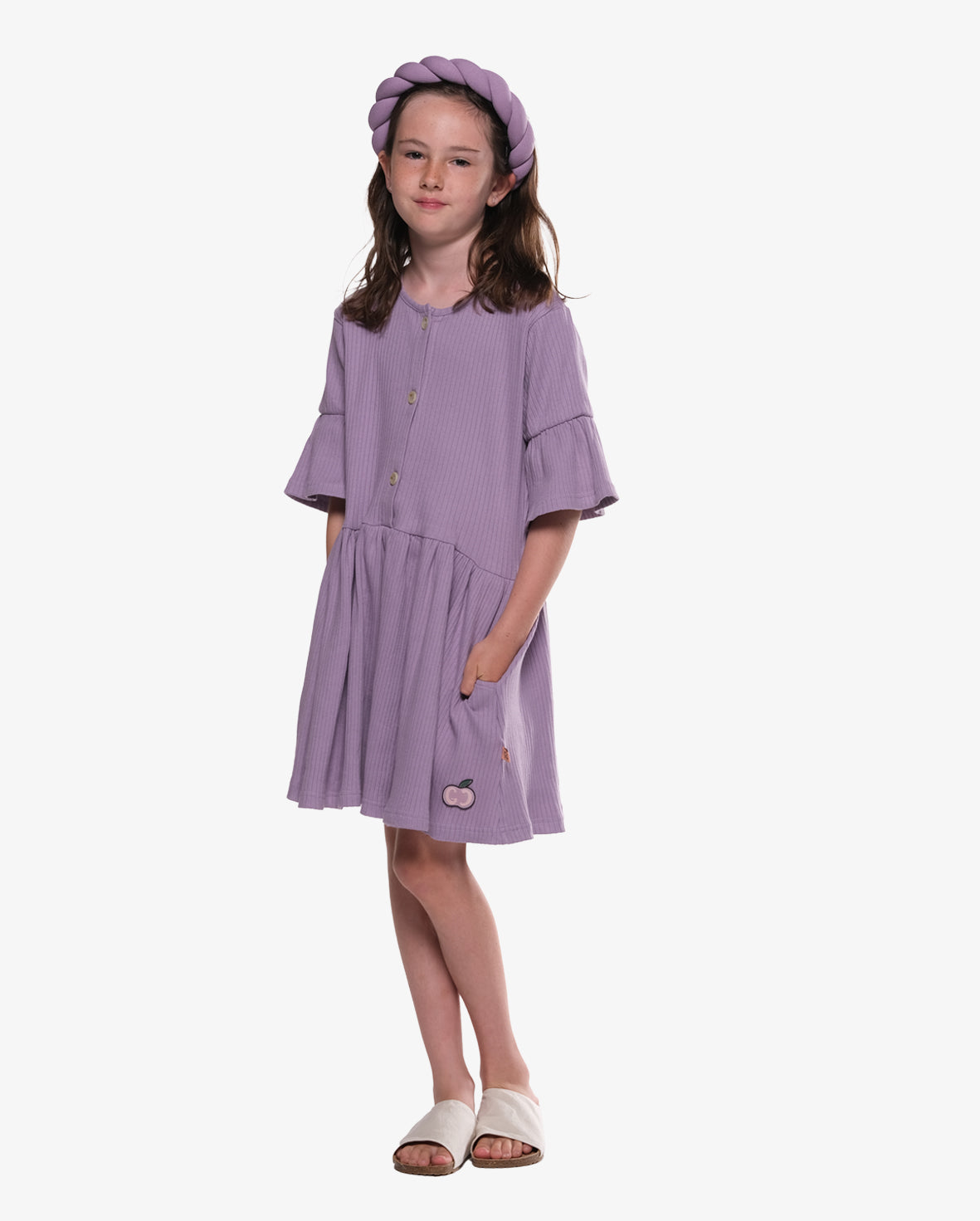 The Girl Club - Lilac Cotton Rib Flare Sleeve Button Front Dress - Lilac Girls The Girl Club